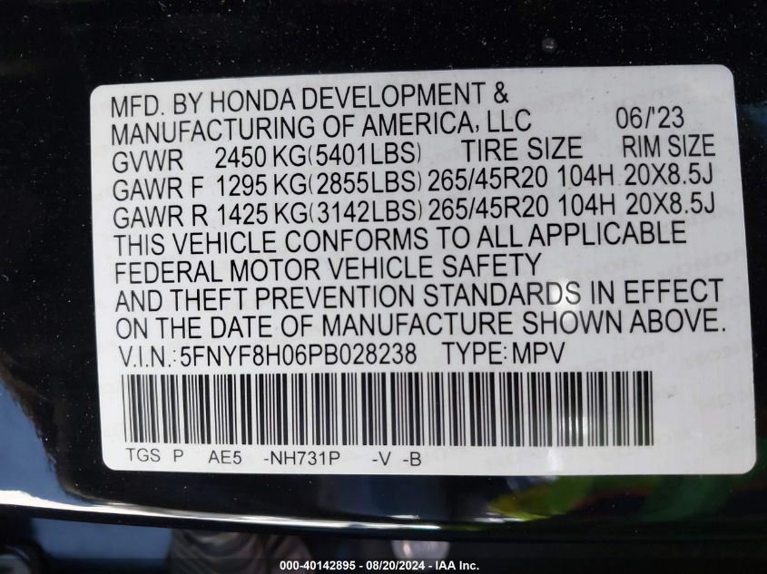 2023 Honda Passport Elite VIN: 5FNYF8H06PB028238 Lot: 40142895