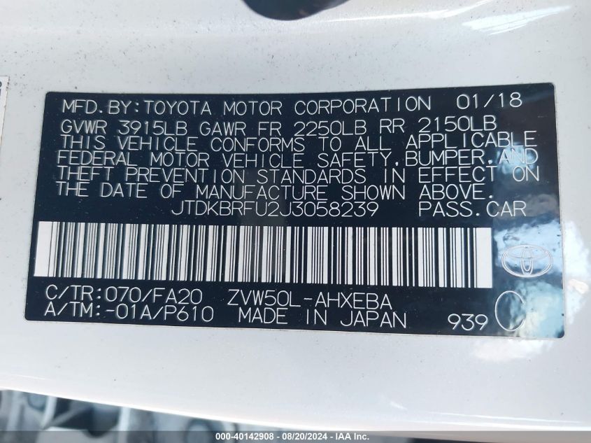 2018 Toyota Prius Two VIN: JTDKBRFU2J3058239 Lot: 40142908