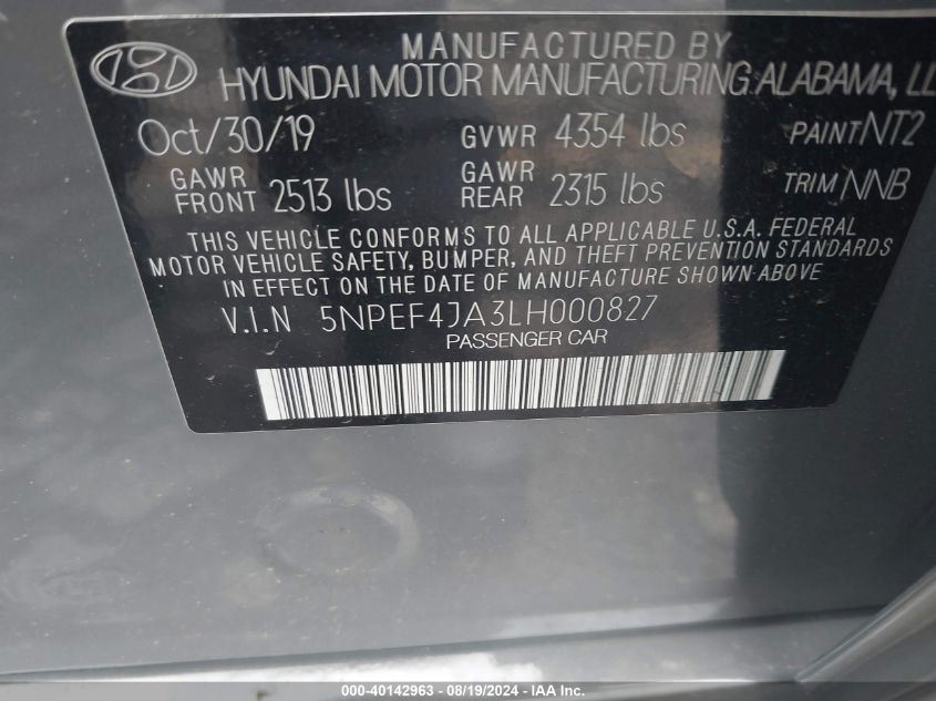 2020 Hyundai Sonata Sel VIN: 5NPEF4JA3LH000827 Lot: 40142963