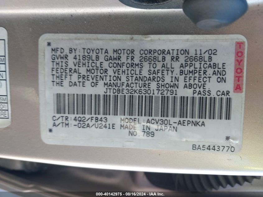 JTDBE32K630172791 2003 Toyota Camry Le