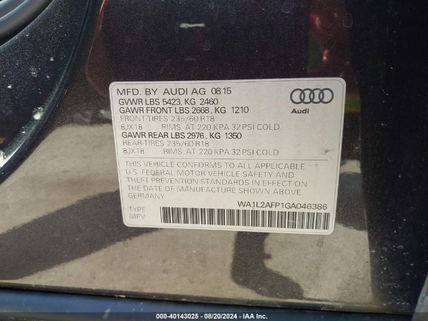 2016 Audi Q5 Premium Plus VIN: WA1L2AFP1GA046386 Lot: 40143025