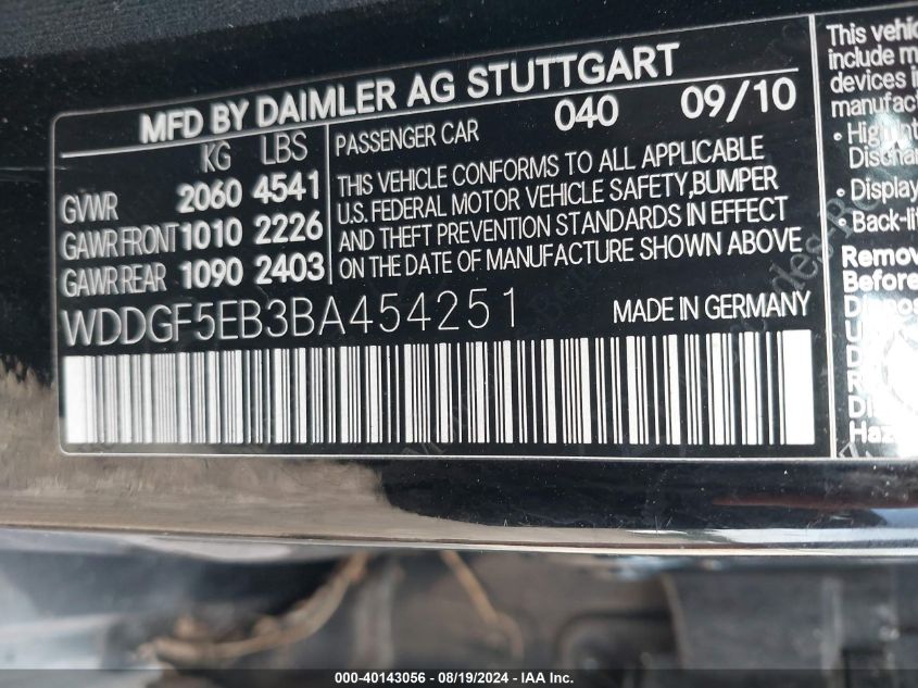 2011 Mercedes-Benz C 300 Luxury/Sport VIN: WDDGF5EB3BA454251 Lot: 40143056