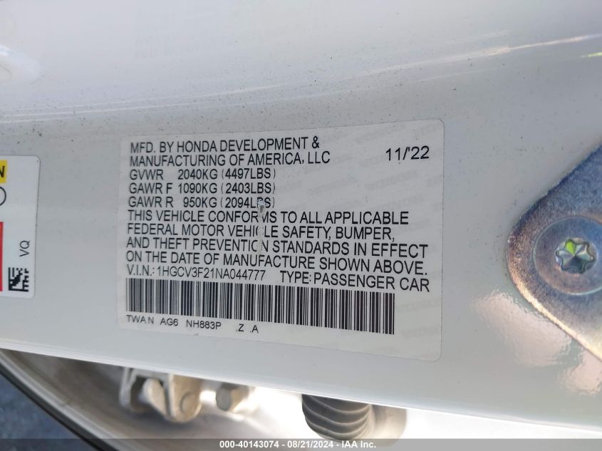 2022 Honda Accord Hybrid Sport VIN: 1HGCV3F21NA044777 Lot: 40143074