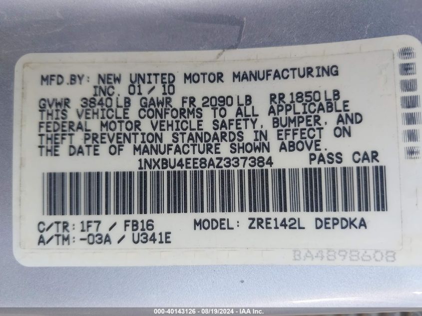 2010 Toyota Corolla VIN: 1NXBU4EE8AZ337384 Lot: 40143126