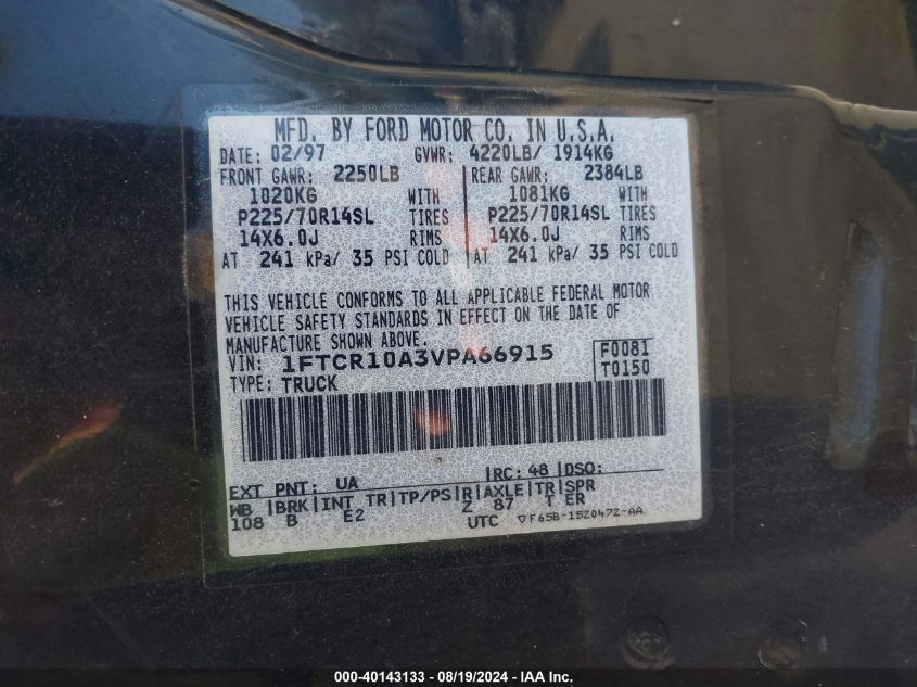 1997 Ford Ranger Splash/Xl/Xlt VIN: 1FTCR10A3VPA66915 Lot: 40143133