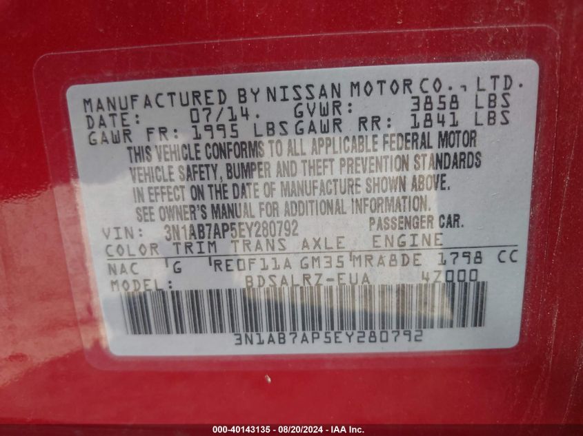 2014 Nissan Sentra Sr VIN: 3N1AB7AP5EY280792 Lot: 40143135