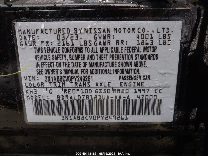 VIN 3N1AB8CV0PY249261 2023 NISSAN SENTRA SV XTRONIC CVT
