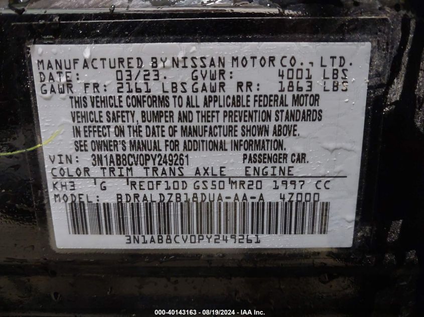 2023 Nissan Sentra Sv Xtronic Cvt VIN: 3N1AB8CV0PY249261 Lot: 40143163