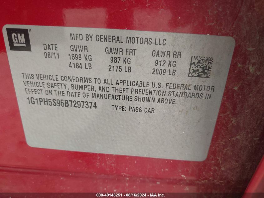 2011 Chevrolet Cruze Ltz VIN: 1G1PH5S96B7297374 Lot: 40143251