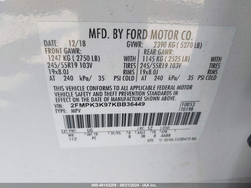 2019 FORD EDGE TITANIUM - 2FMPK3K97KBB36449