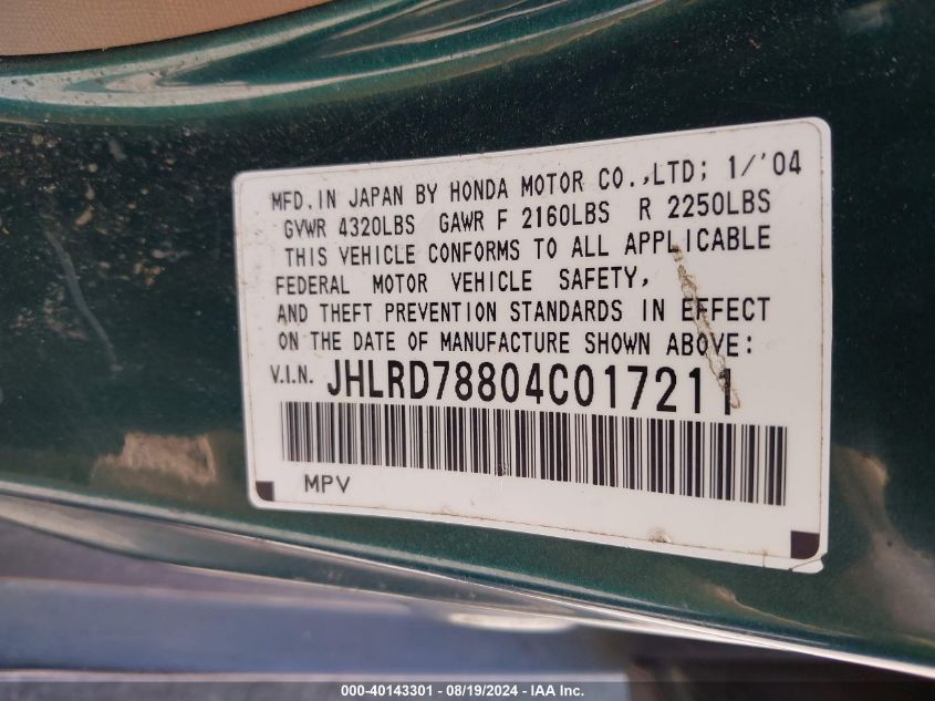 2004 Honda Cr-V Ex VIN: JHLRD78804C017211 Lot: 40143301