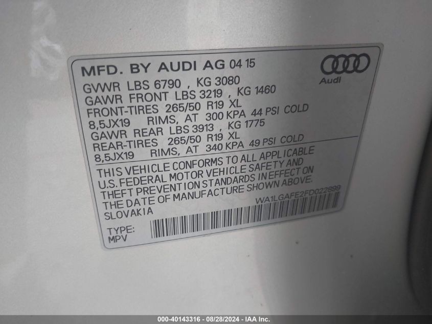 WA1LGAFE2FD022899 2015 Audi Q7 3.0T Premium