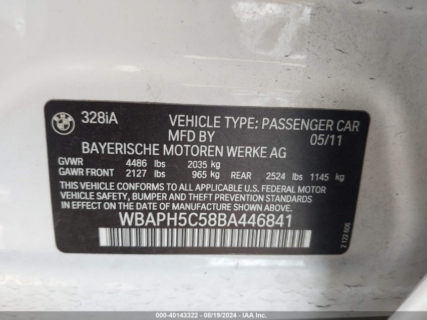 2011 BMW 328I VIN: WBAPH5C58BA446841 Lot: 40143322