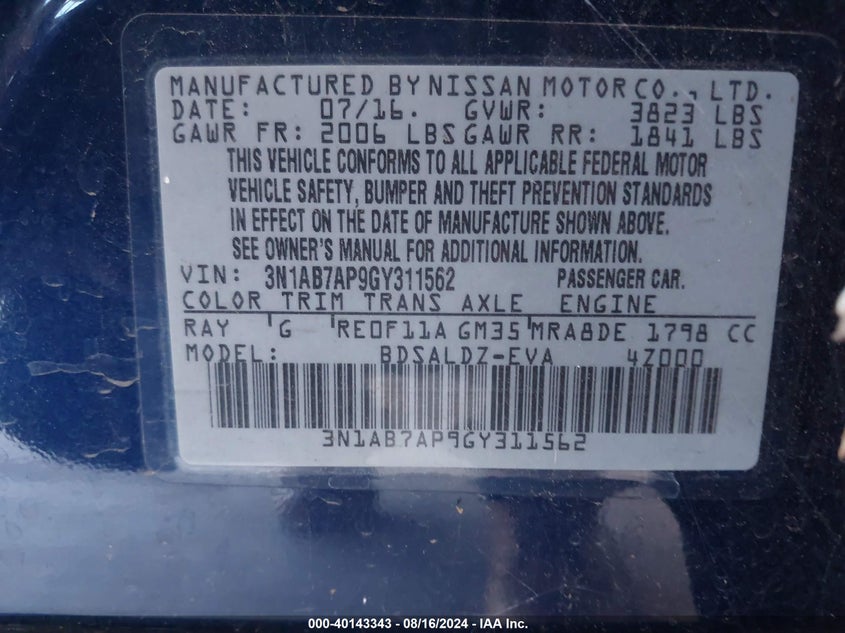 2016 Nissan Sentra Sv VIN: 3N1AB7AP9GY311562 Lot: 40143343