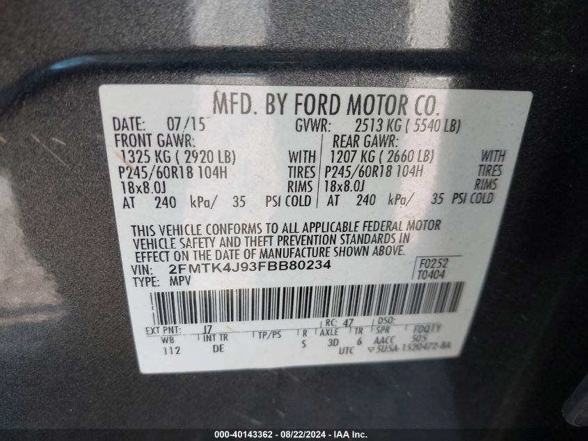 2015 Ford Edge Sel VIN: 2FMTK4J93FBB80234 Lot: 40143362