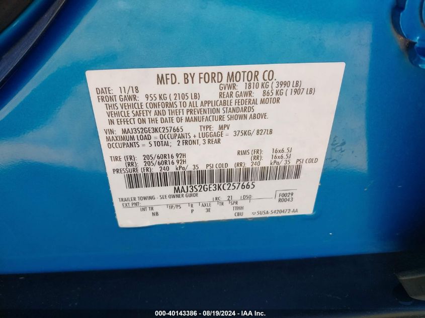 MAJ3S2GE3KC257665 2019 Ford Ecosport Se