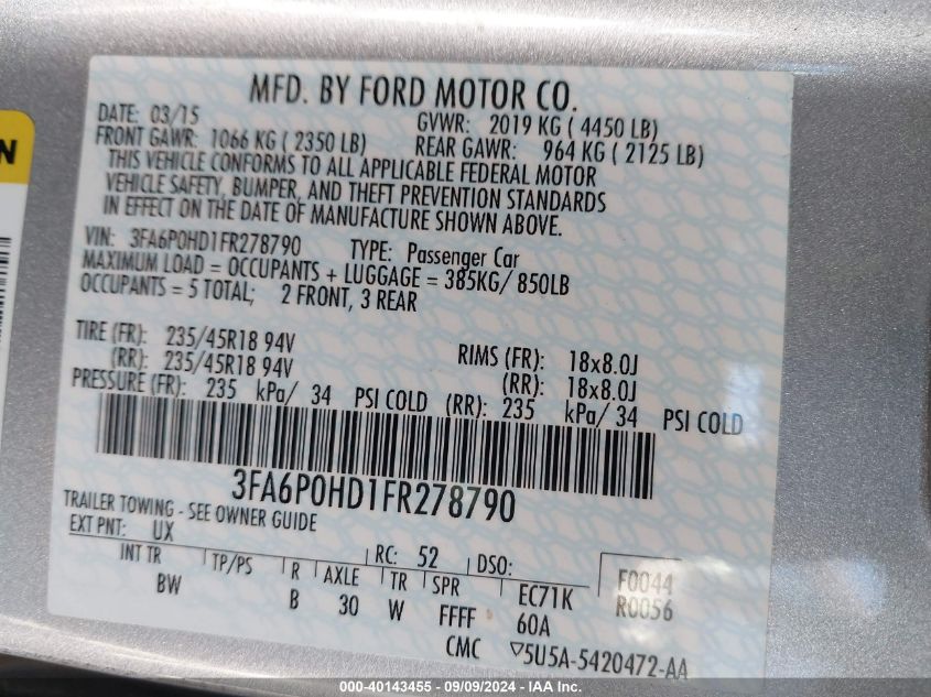 2015 Ford Fusion Se VIN: 3FA6P0HD1FR278790 Lot: 40143455