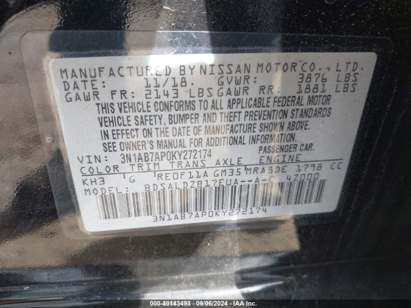 3N1AB7AP0KY272174 2019 Nissan Sentra Sv