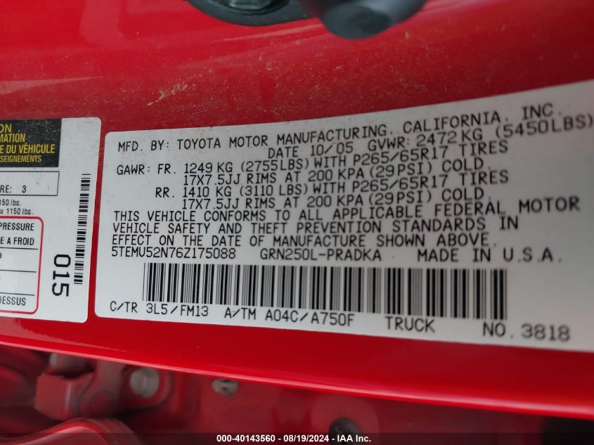 2006 Toyota Tacoma Base V6 VIN: 5TEMU52N76Z175088 Lot: 40143560