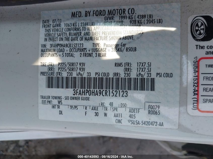 2012 Ford Fusion Se VIN: 3FAHP0HA9CR152123 Lot: 40143593