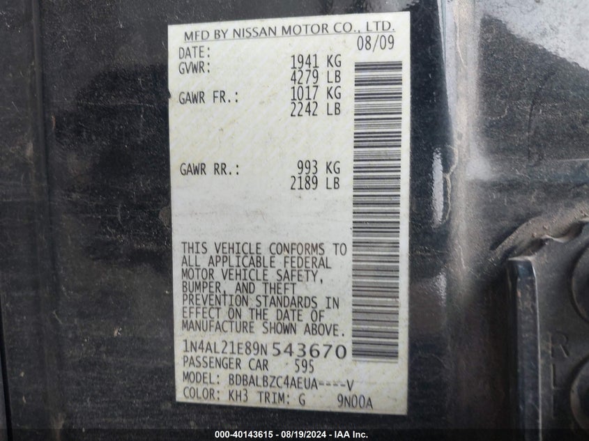 2009 Nissan Altima 2.5 S VIN: 1N4AL21E89N543670 Lot: 40143615