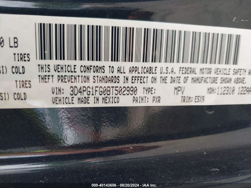 2011 Dodge Journey Mainstreet VIN: 3D4PG1FG0BT502990 Lot: 40143656