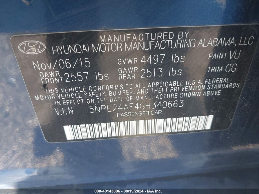 2016 Hyundai Sonata Se VIN: 5NPE24AF4GH340663 Lot: 40143806