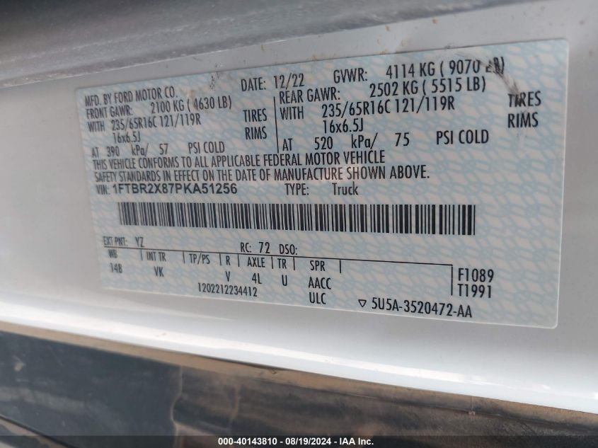 2023 Ford Transit-250 VIN: 1FTBR2X87PKA51256 Lot: 40143810