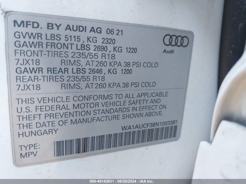 WA1AUCF38N1003381 2022 Audi Q3 Premium 40