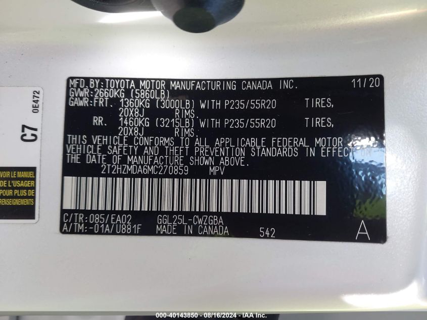 2021 Lexus Rx 350 VIN: 2T2HZMDA6MC270859 Lot: 40143850