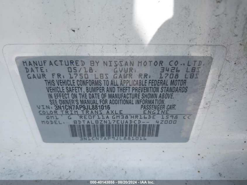 3N1CN7AP9JL881016 2018 Nissan Versa S/S Plus/Sv/Sl