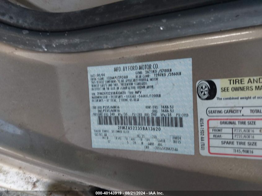 2005 Ford Freestar Sel VIN: 2FMZA52235BA13620 Lot: 40143919