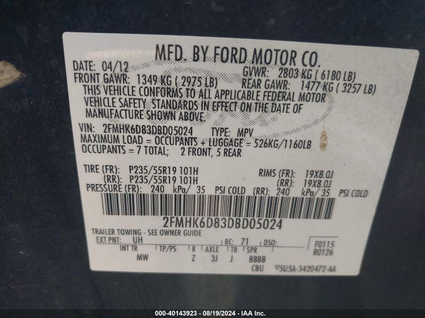 2013 Ford Flex Limited VIN: 2FMHK6D83DBD05024 Lot: 40143923