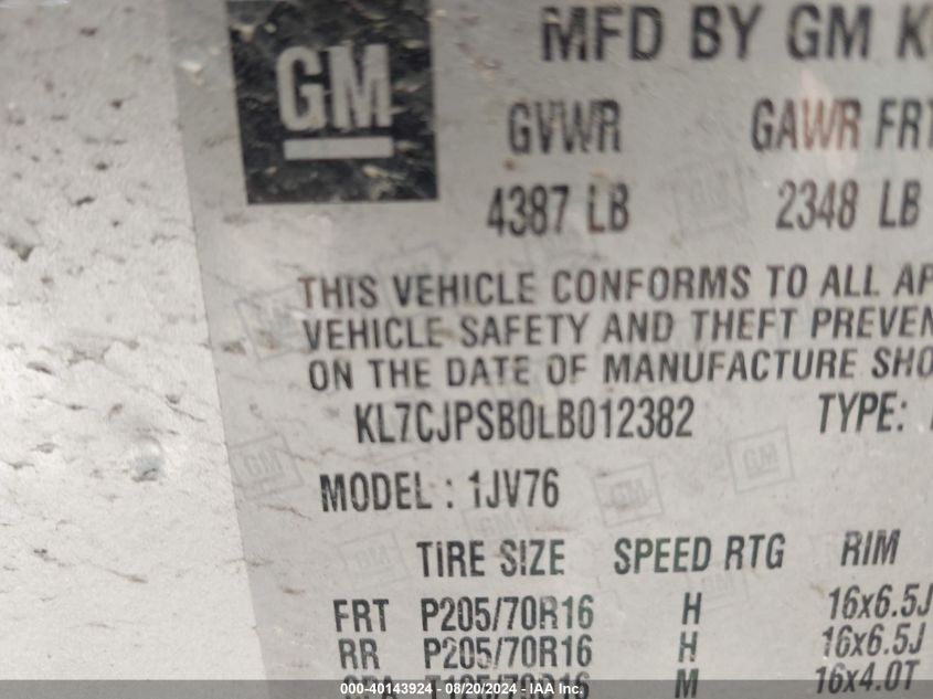 2020 Chevrolet Trax Awd Lt VIN: KL7CJPSB0LB012382 Lot: 40143924