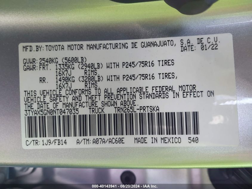 2022 Toyota Tacoma Double Cab/Sr/Sr5 VIN: 3TYAX5GN0NT047035 Lot: 40143941