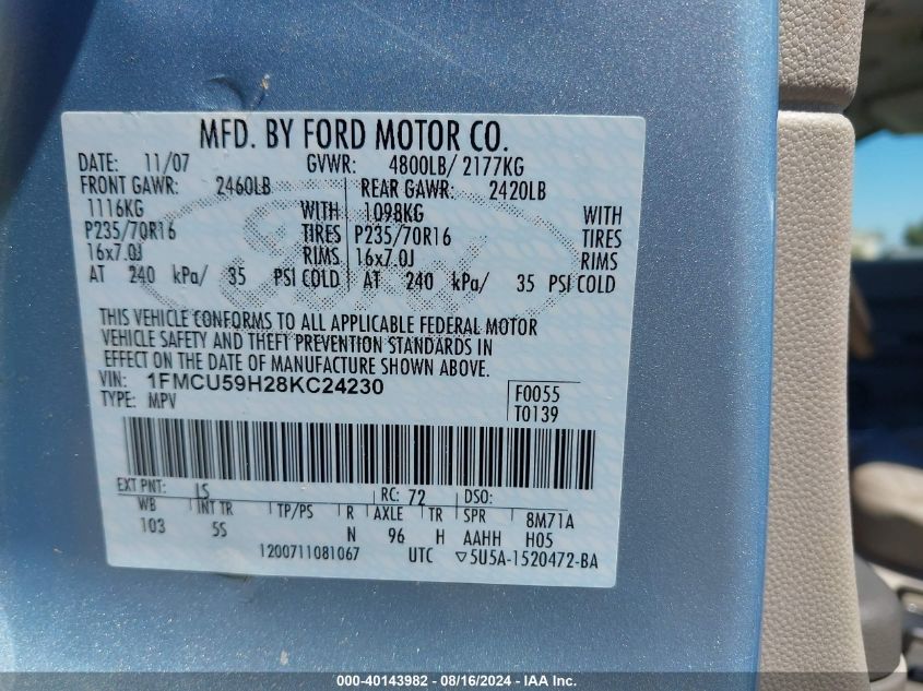 2008 Ford Escape Hybrid VIN: 1FMCU59H28KC24230 Lot: 40143982