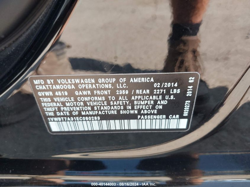 2014 Volkswagen Passat 1.8T Se VIN: 1VWBT7A31EC080283 Lot: 40144003