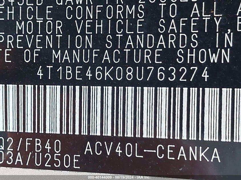 2008 Toyota Camry Le VIN: 4T1BE46K08U763274 Lot: 40144009
