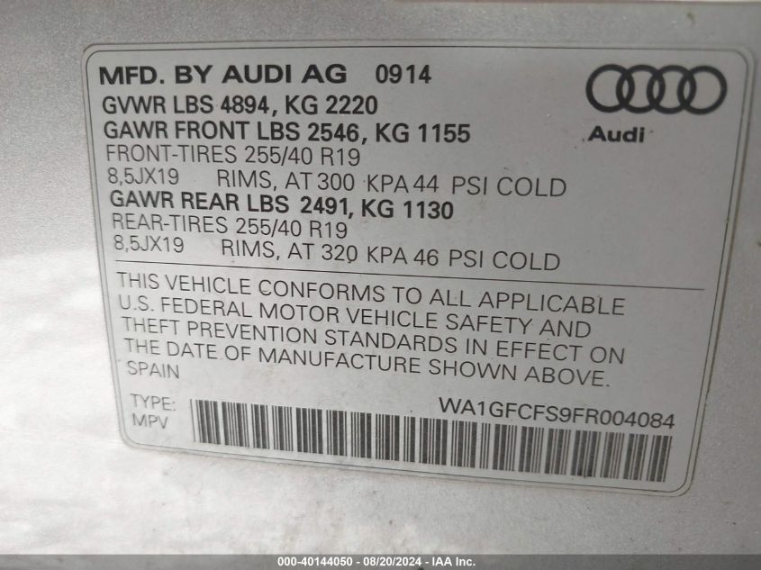 2015 Audi Q3 2.0T Premium Plus VIN: WA1GFCFS9FR004084 Lot: 40144050