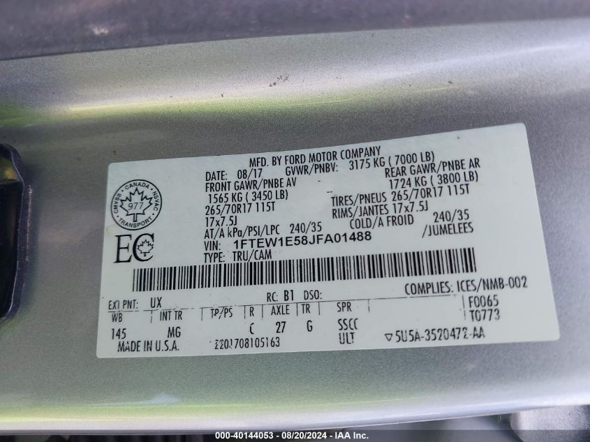 2018 Ford F-150 Xlt VIN: 1FTEW1E58JFA01488 Lot: 40144053