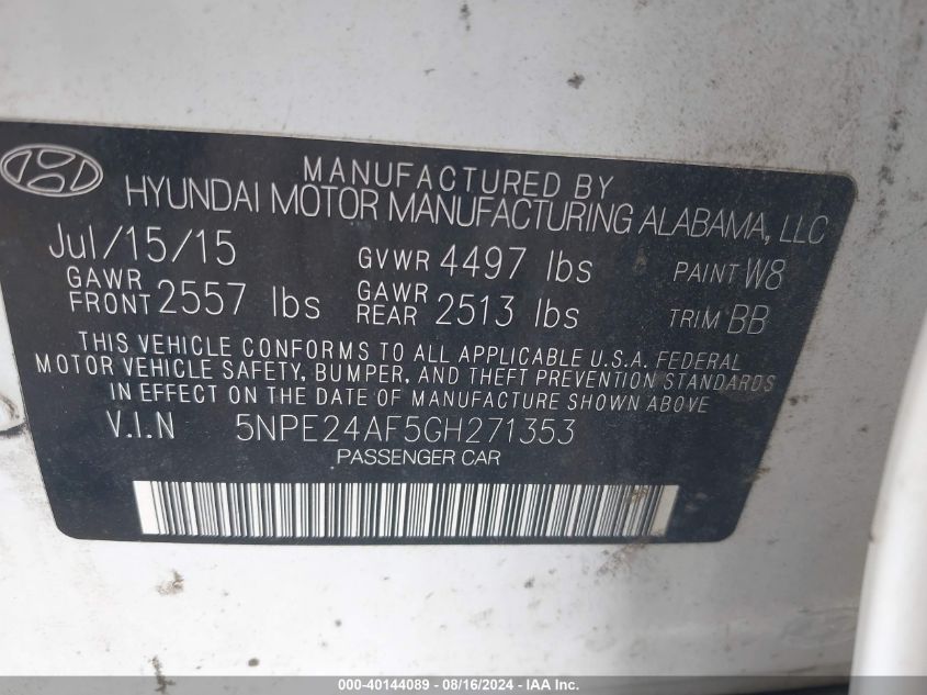 2016 Hyundai Sonata Se VIN: 5NPE24AF5GH271353 Lot: 40144089