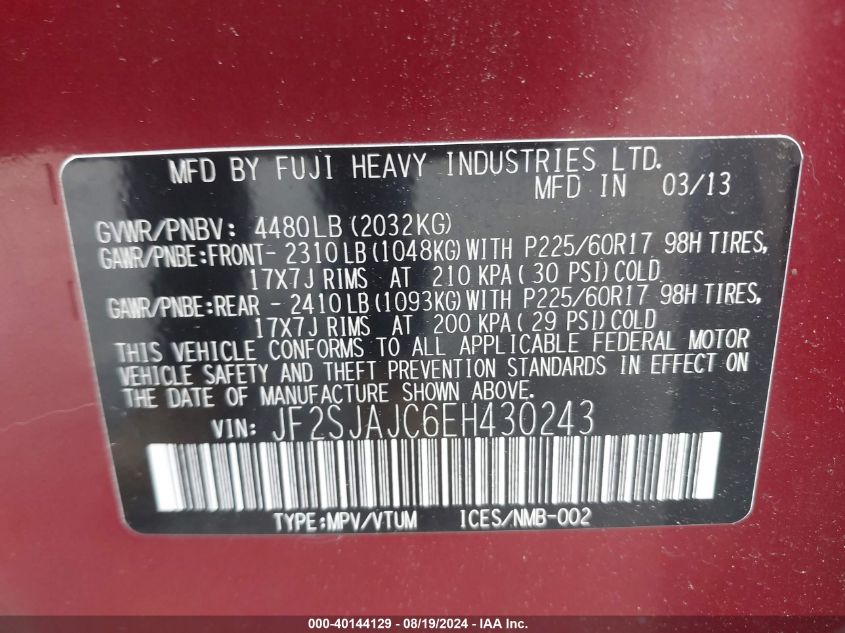 2014 Subaru Forester 2.5I Limited VIN: JF2SJAJC6EH430243 Lot: 40144129
