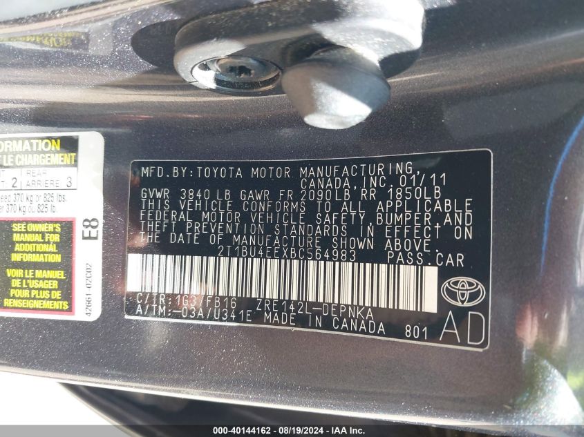 2011 Toyota Corolla Le VIN: 2T1BU4EEXBC564983 Lot: 40144162