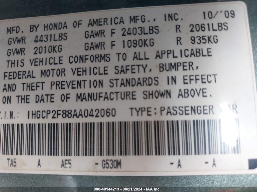 2010 Honda Accord 2.4 Ex-L VIN: 1HGCP2F88AA042060 Lot: 40144213
