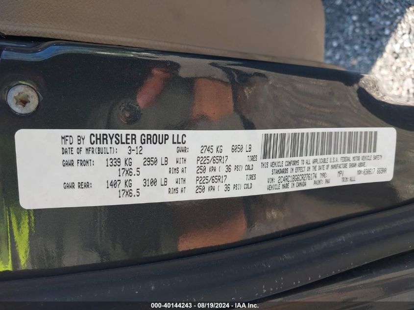 2012 Chrysler Town & Country Touring VIN: 2C4RC1BG6CR276174 Lot: 40144243