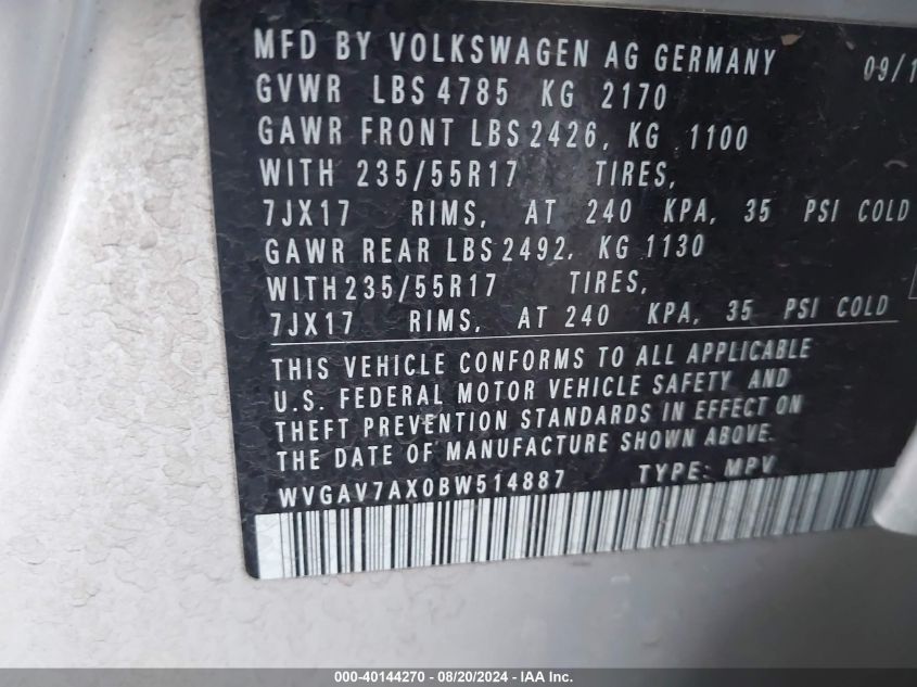 2011 Volkswagen Tiguan Se VIN: WVGAV7AX0BW514887 Lot: 40144270