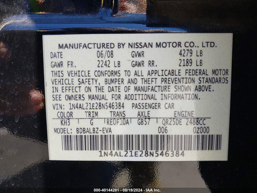 2008 Nissan Altima 2.5 S VIN: 1N4AL21E28N546384 Lot: 40144281