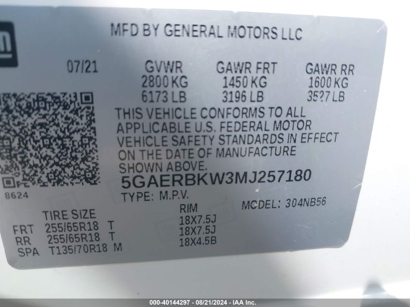 2021 Buick Enclave Fwd Essence VIN: 5GAERBKW3MJ257180 Lot: 40144297