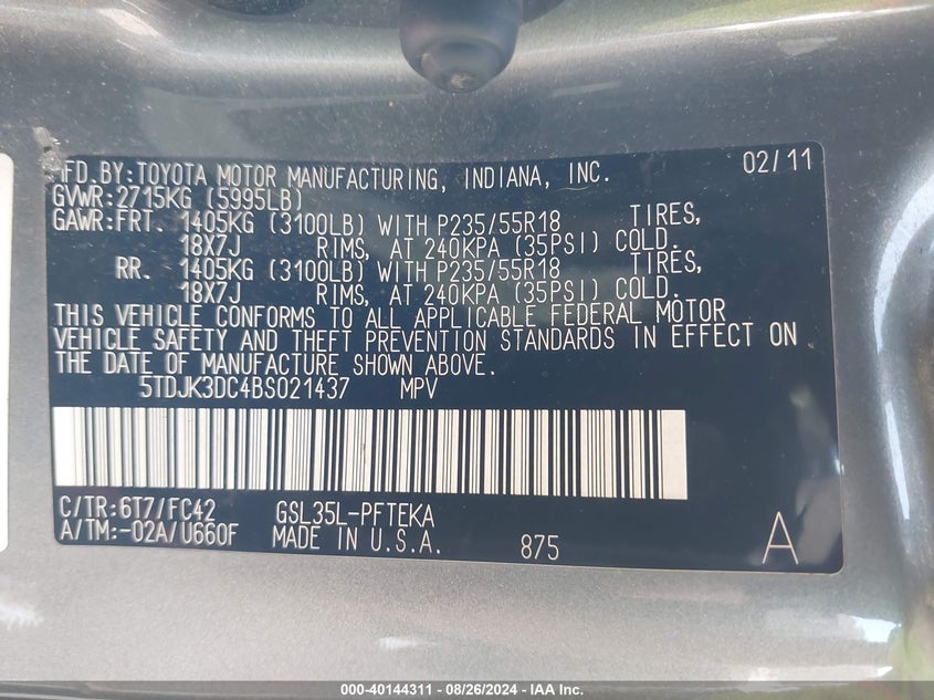 2011 Toyota Sienna Le VIN: 5TDJK3DC4BS021437 Lot: 40144311