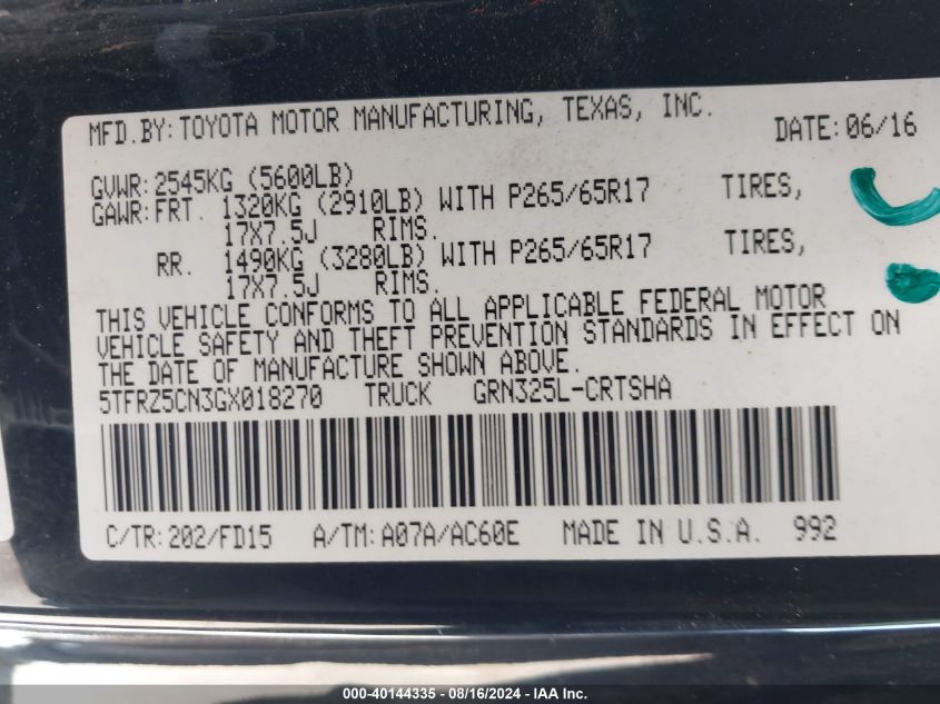 2016 Toyota Tacoma Trd Sport VIN: 5TFRZ5CN3GX018270 Lot: 40144335